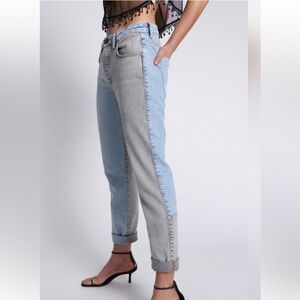 One Teaspoon Mid Rise Two Tone Trucker Mismatched Gray Blue Jeans